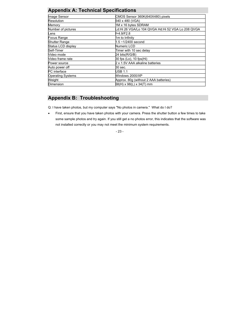 Appendix a: technical specifications, Appendix b: troubleshooting | Sakar 94044 User Manual | Page 23 / 25