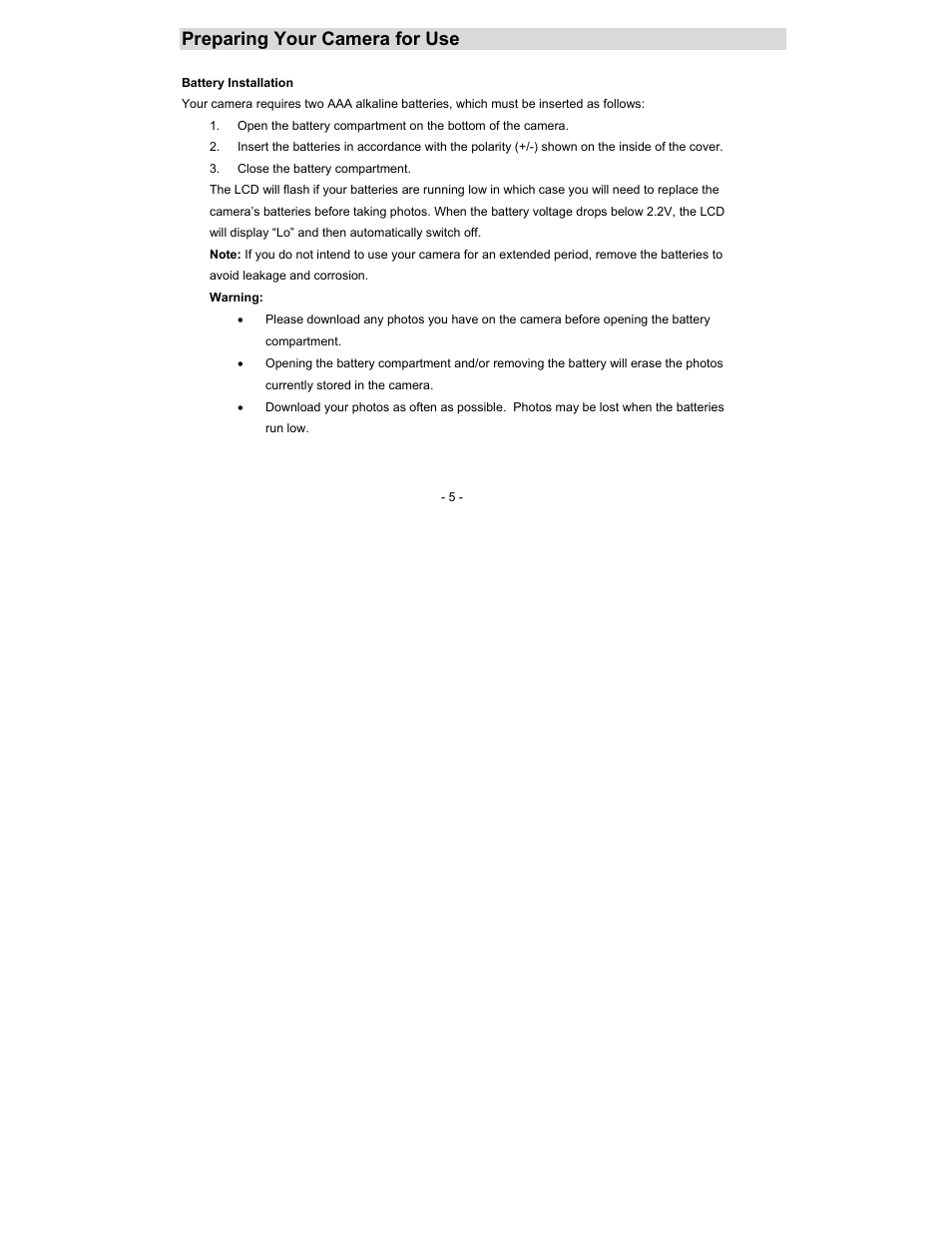 Preparing your camera for use | Sakar 94044 User Manual | Page 5 / 25