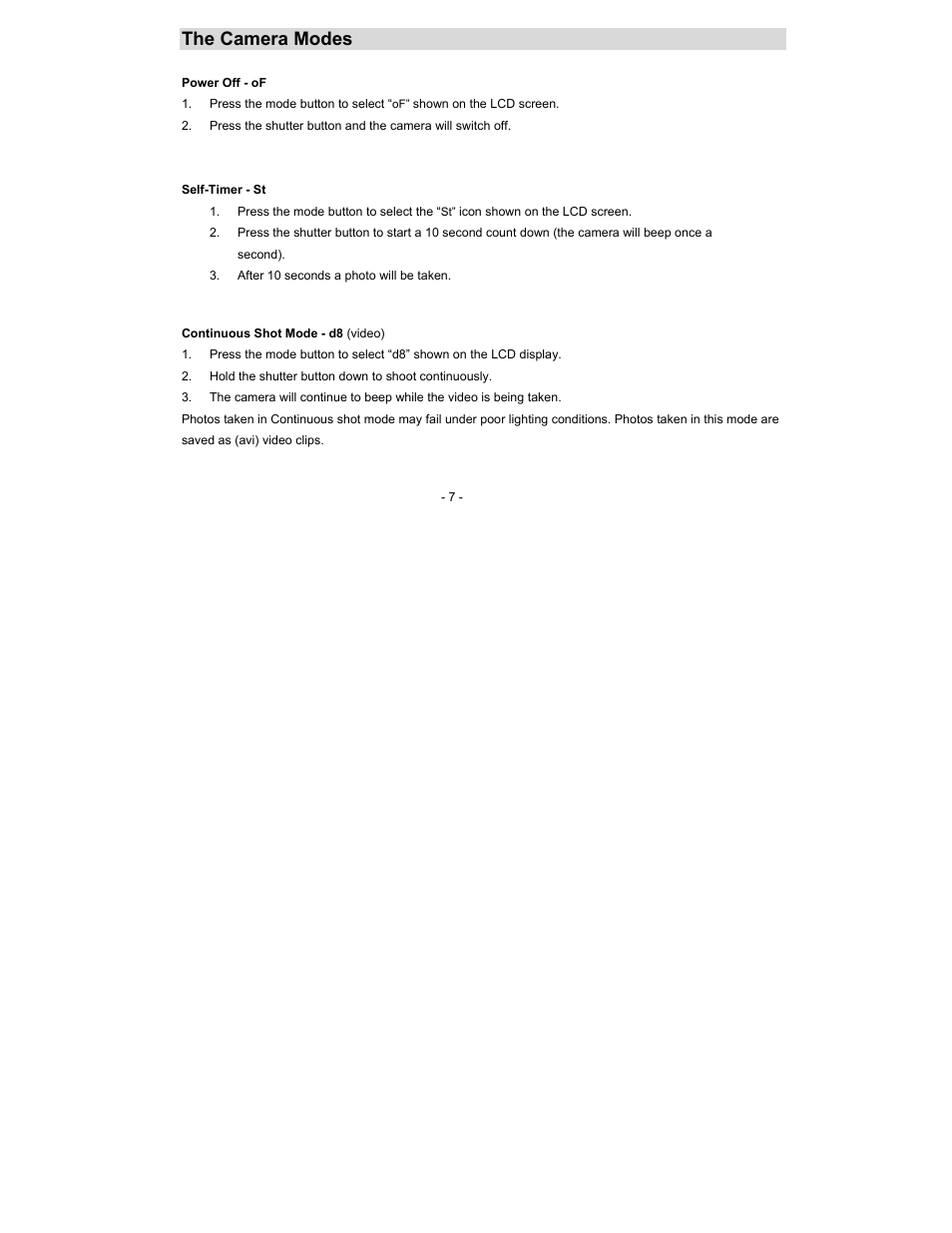 The camera modes | Sakar 94044 User Manual | Page 7 / 25
