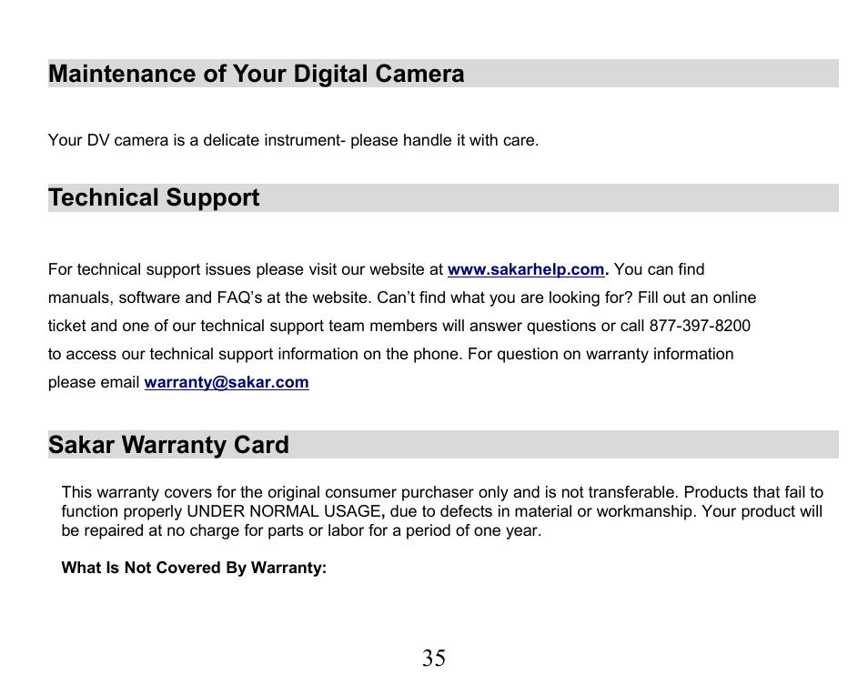 Maintenance of your digital camera, Technical support, Sakar warranty card | Sakar 32490 User Manual | Page 35 / 42