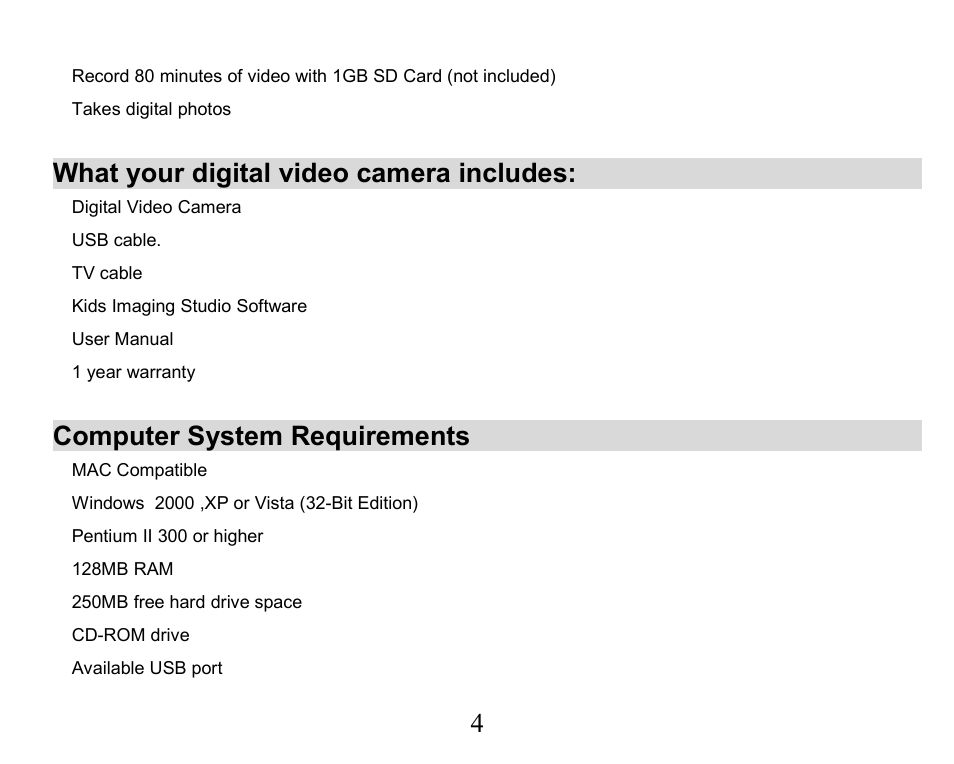 What your digital video camera includes, Computer system requirements | Sakar 32490 User Manual | Page 4 / 42