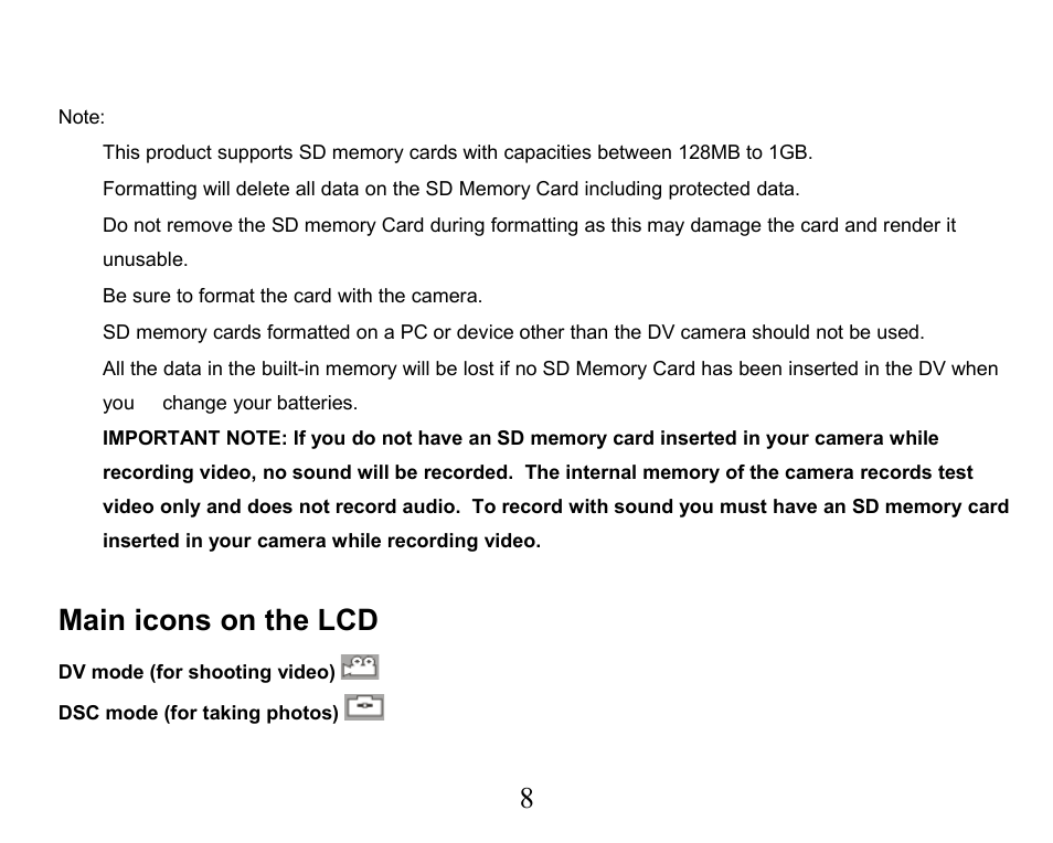 Main icons on the lcd | Sakar 32490 User Manual | Page 8 / 42