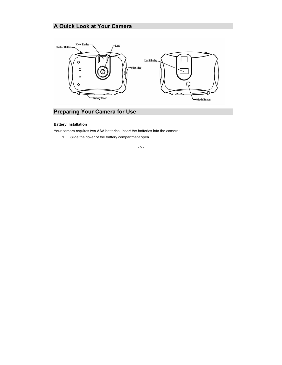 A quick look at your camera, Preparing your camera for use | Sakar 16382 User Manual | Page 5 / 26