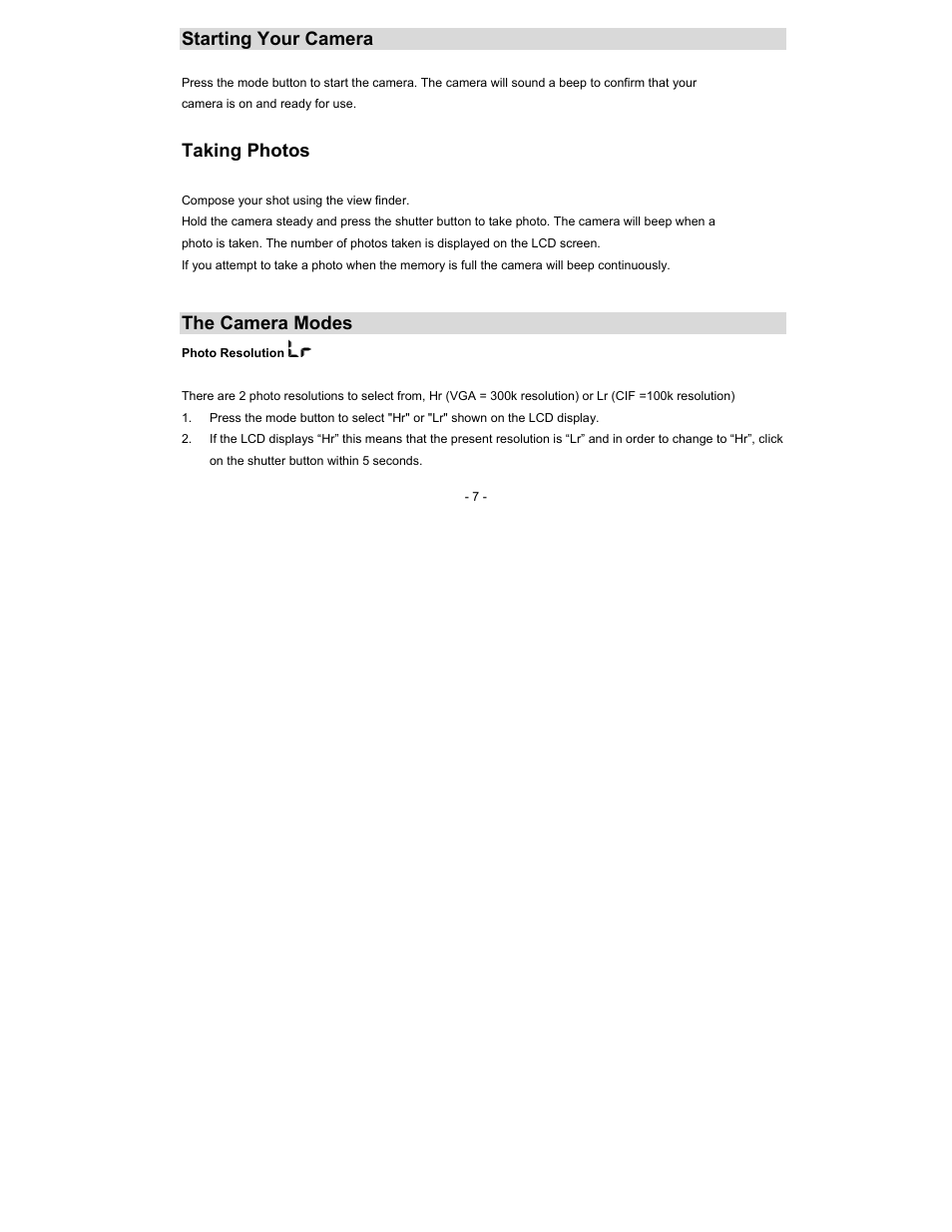 Starting your camera, Taking photos, The camera modes | Sakar 16382 User Manual | Page 7 / 26