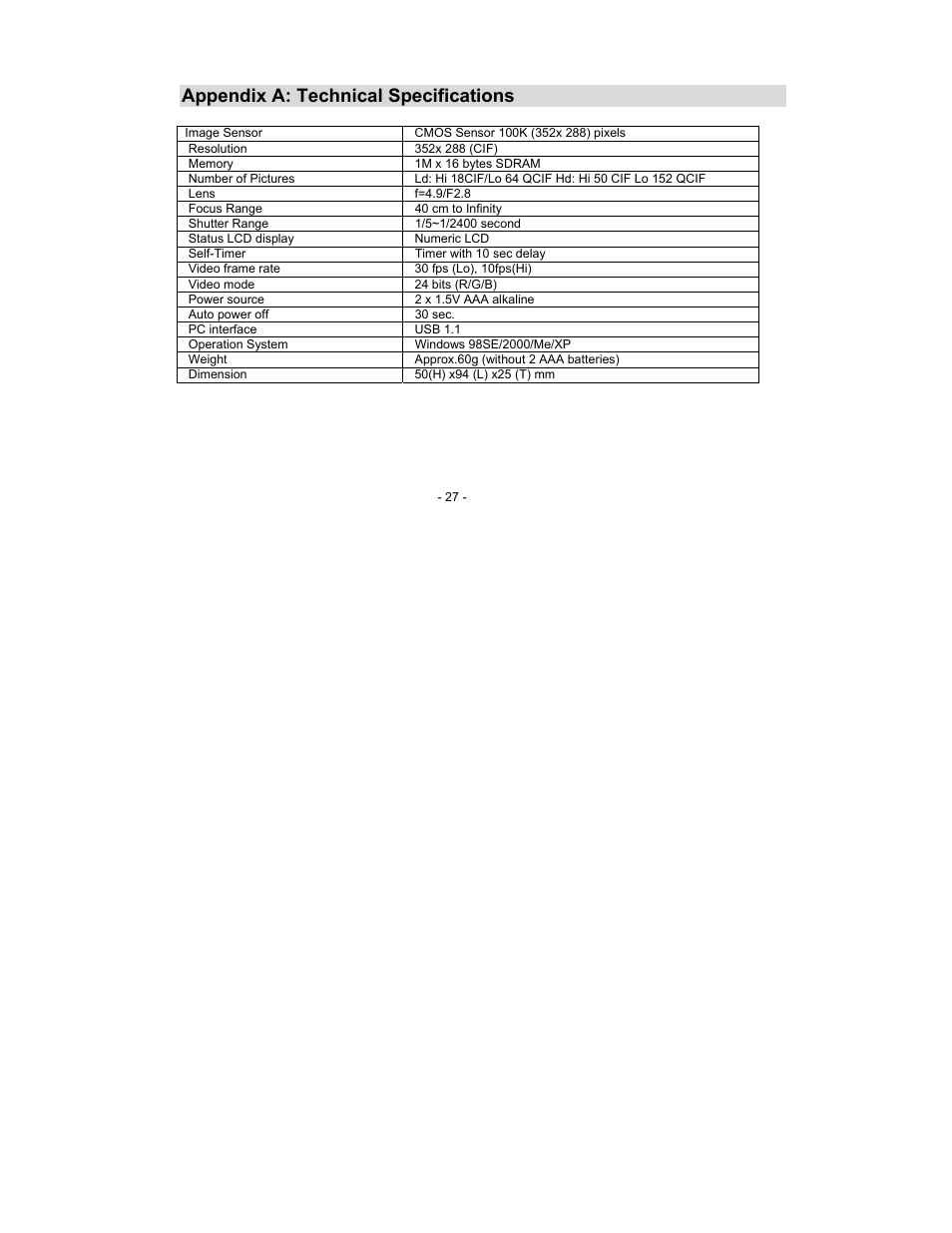 Appendix a: technical specifications | Sakar 14099 User Manual | Page 27 / 30