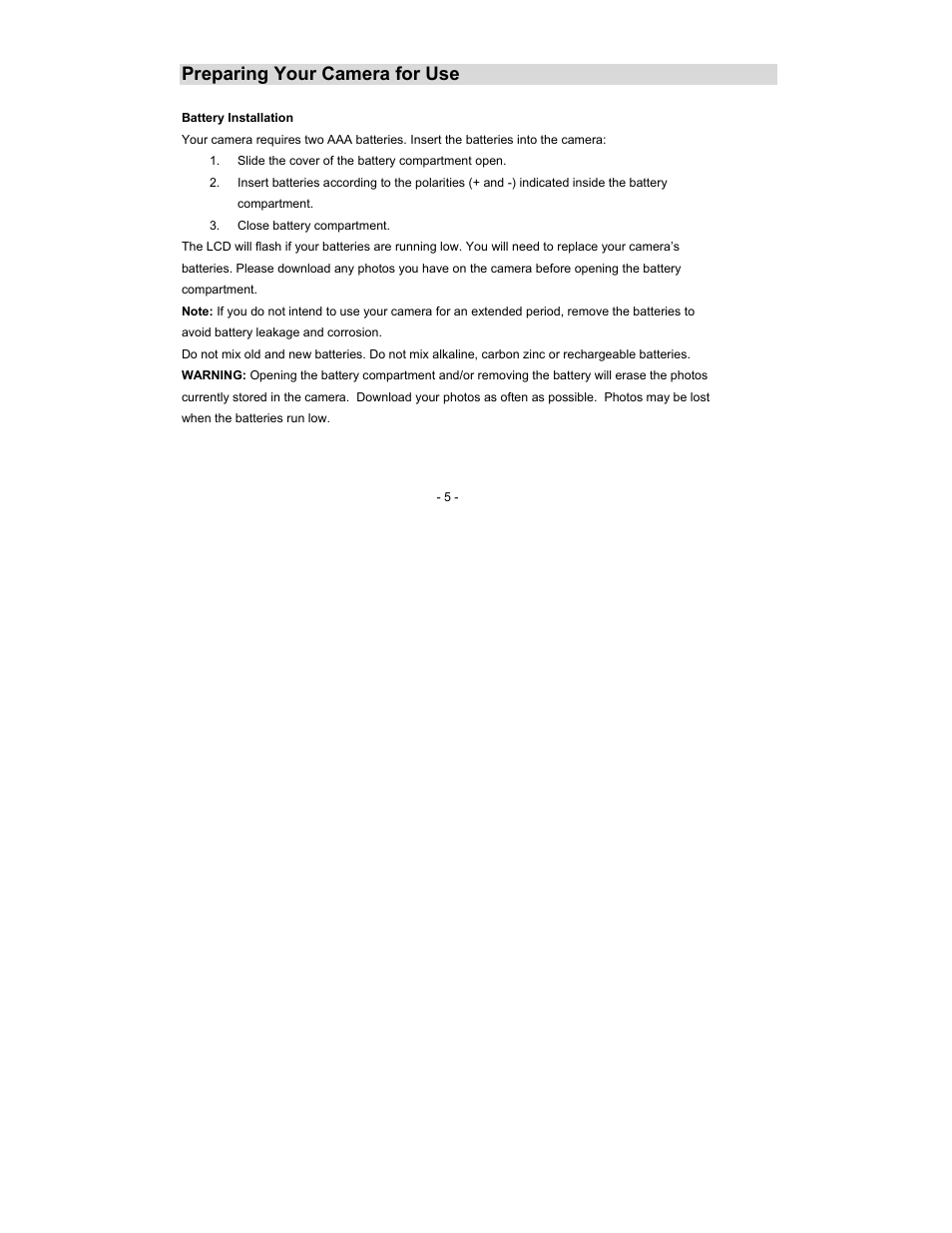 Preparing your camera for use | Sakar 14099 User Manual | Page 5 / 30