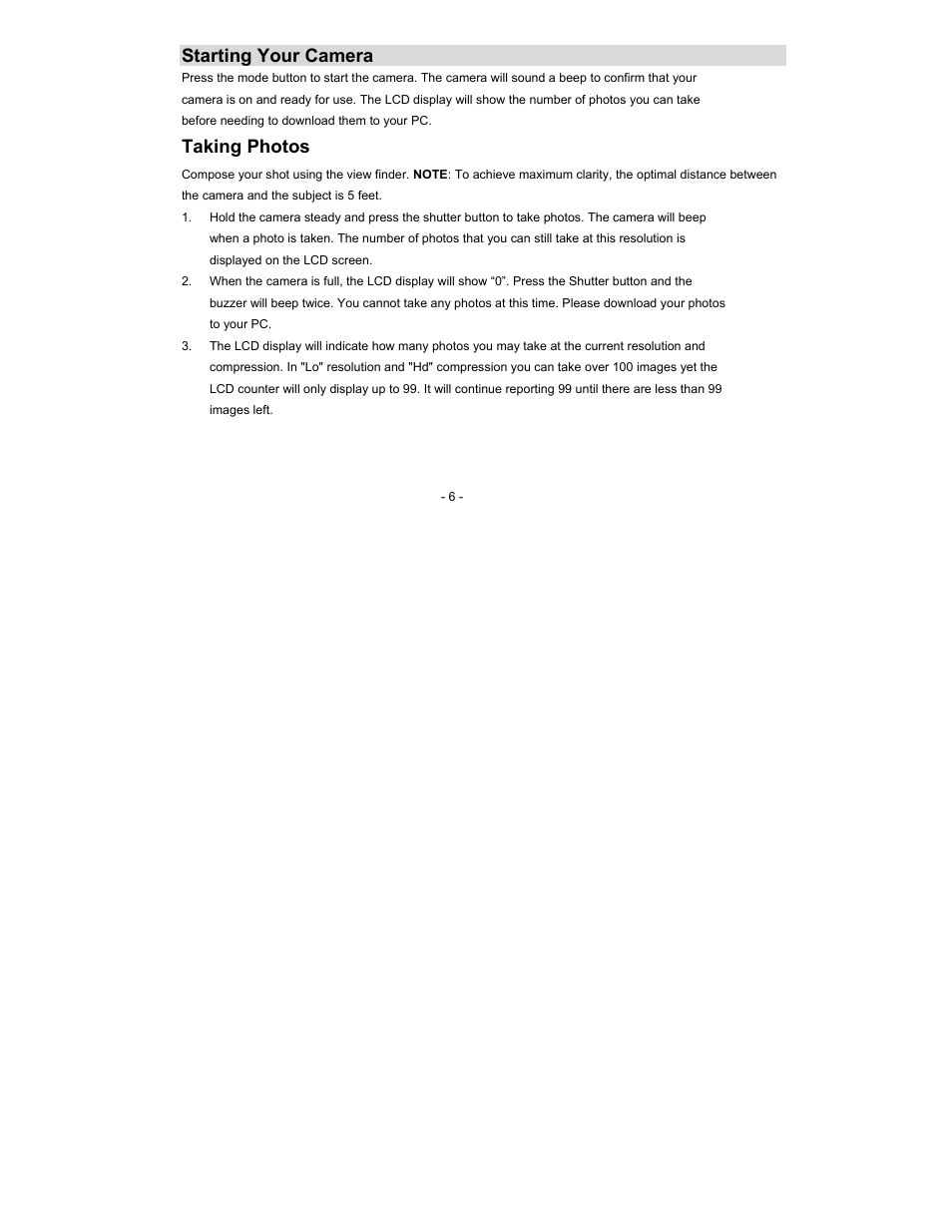 Starting your camera, Taking photos | Sakar 14099 User Manual | Page 6 / 30