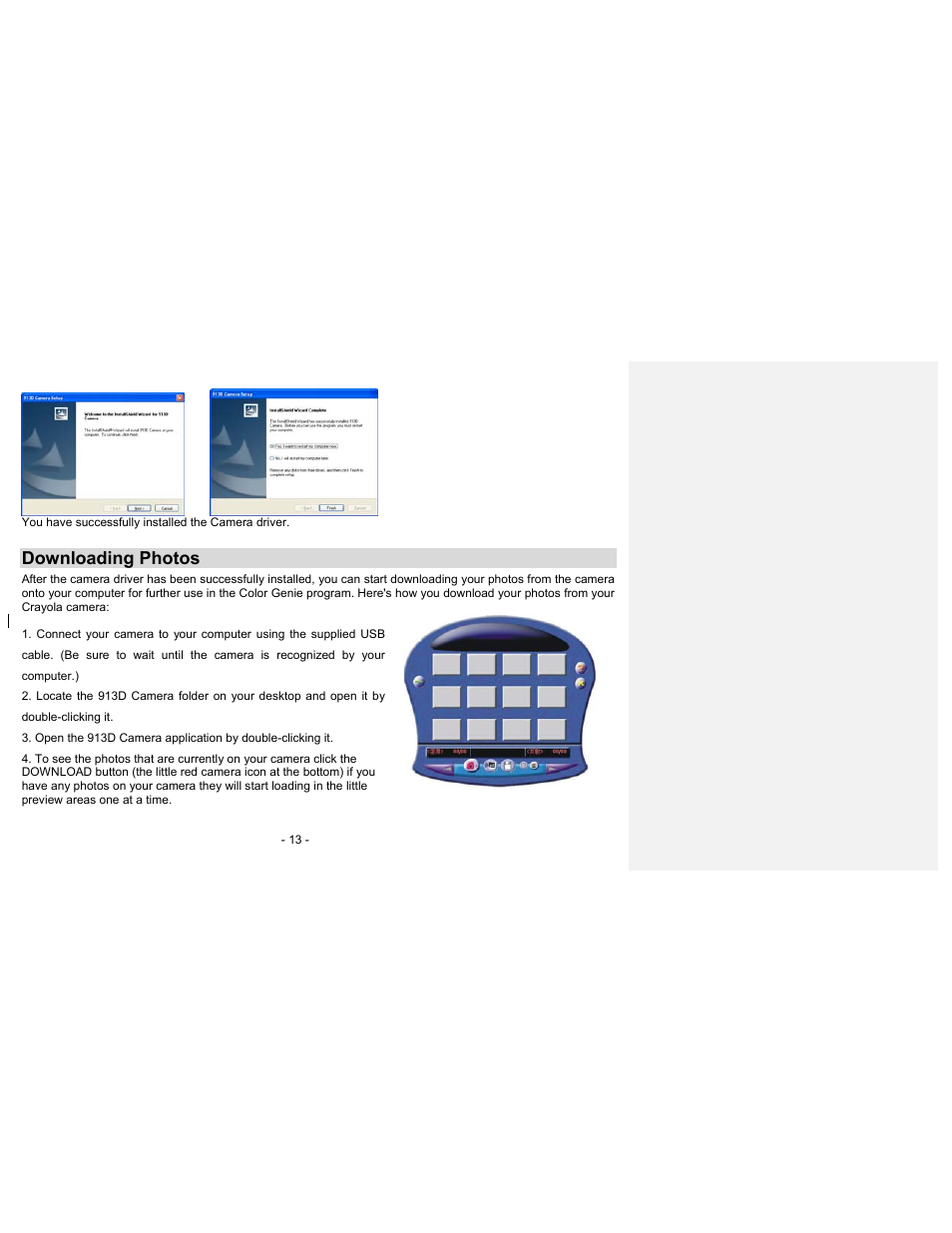 Downloading photos | Sakar 23070 User Manual | Page 13 / 24