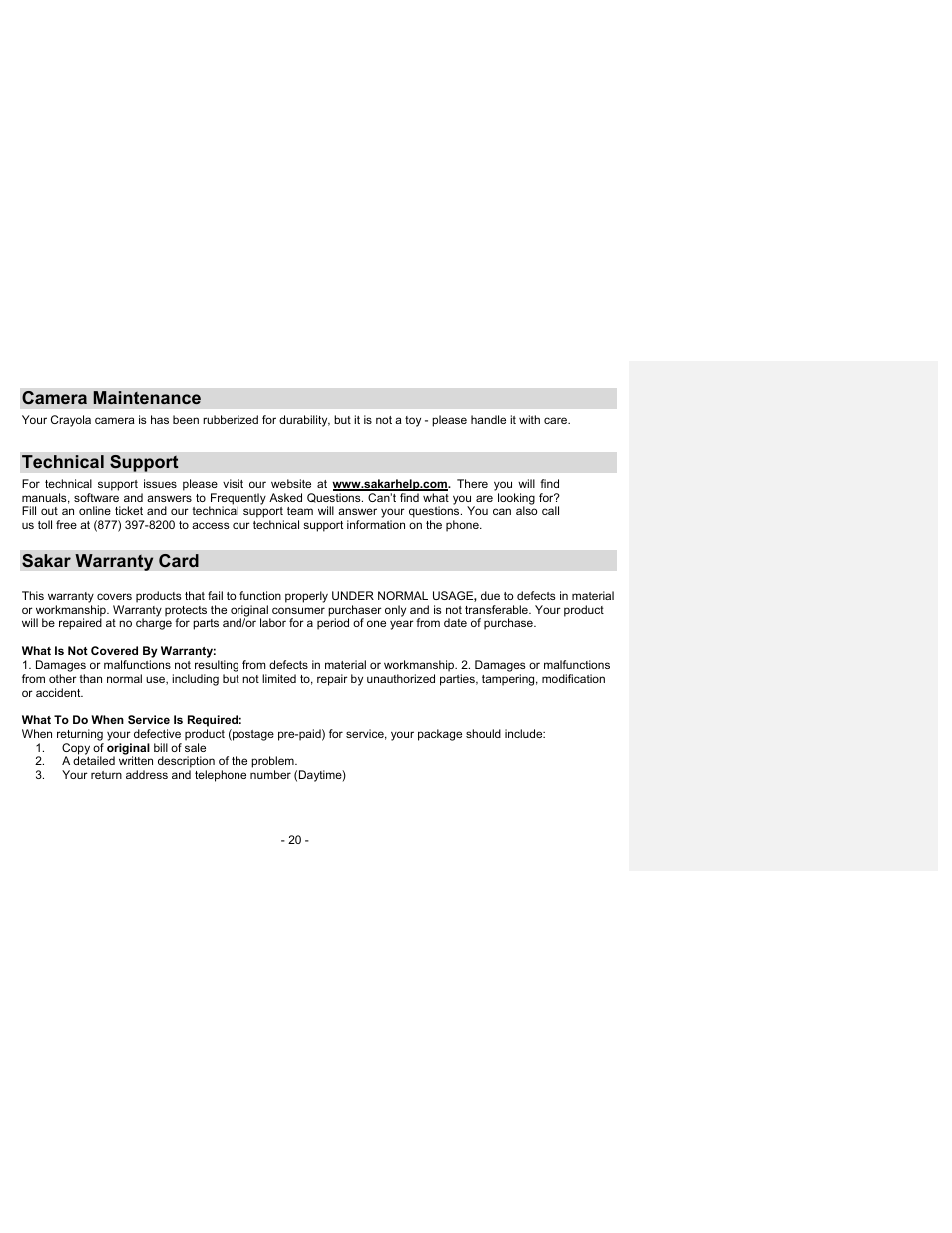 Camera maintenance, Technical support, Sakar warranty card | Sakar 23070 User Manual | Page 20 / 24