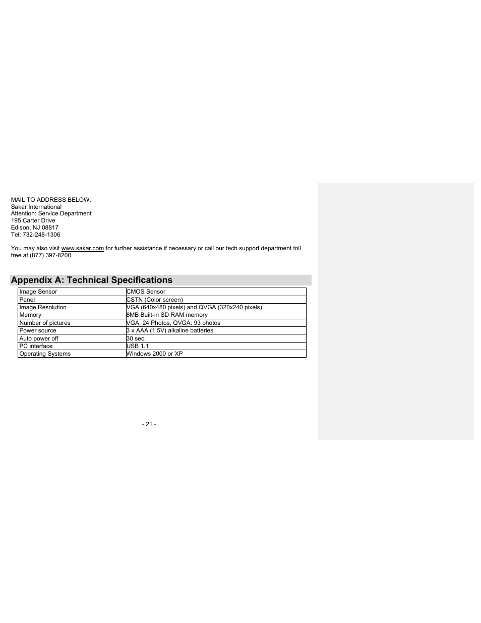 Appendix a: technical specifications | Sakar 23070 User Manual | Page 21 / 24