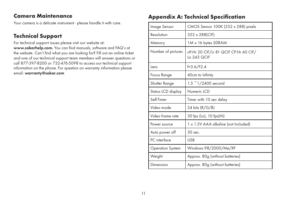 Camera maintenance, Technical support, Appendix a: technical specification | Sakar Spy shot digital camera User Manual | Page 11 / 13
