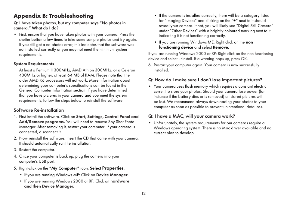 Appendix b: troubleshooting | Sakar Spy shot digital camera User Manual | Page 12 / 13