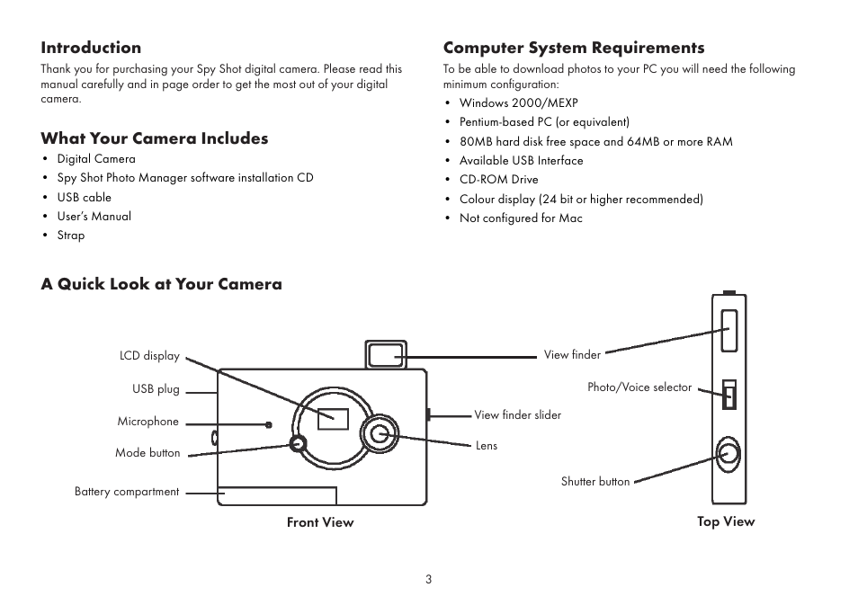 Introduction, What your camera includes, Computer system requirements | A quick look at your camera | Sakar Spy shot digital camera User Manual | Page 3 / 13