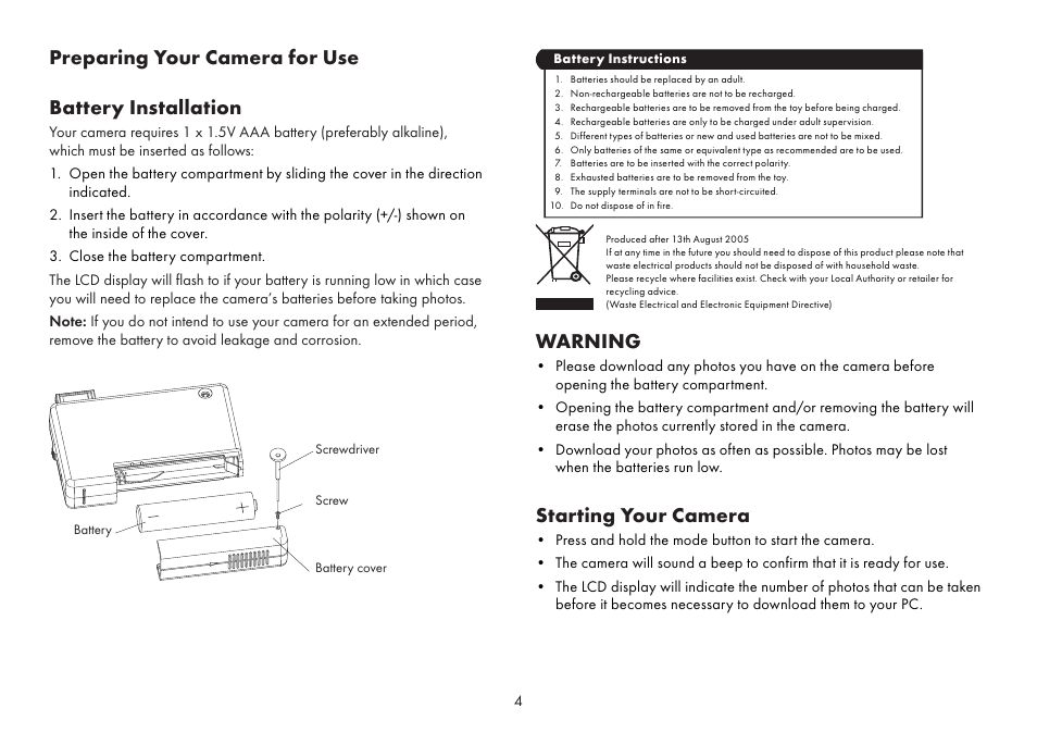 Warning, Starting your camera, Preparing your camera for use battery installation | Sakar Spy shot digital camera User Manual | Page 4 / 13