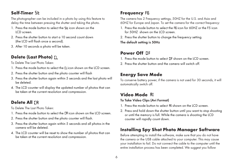 Self-timer, Delete (last photo), Delete all | Frequency, Power off, Energy save mode, Video mode, Installing spy shot photo manager software | Sakar Spy shot digital camera User Manual | Page 6 / 13