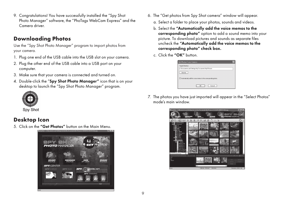 Downloading photos, Desktop icon | Sakar Spy shot digital camera User Manual | Page 9 / 13