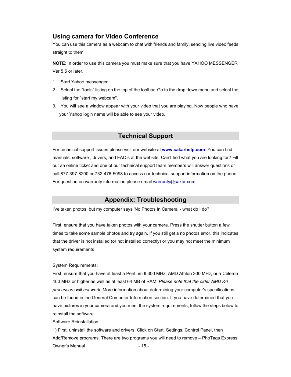 Using camera for video conference, Technical support, Appendix: troubleshooting | Sakar 81379 User Manual | Page 15 / 16
