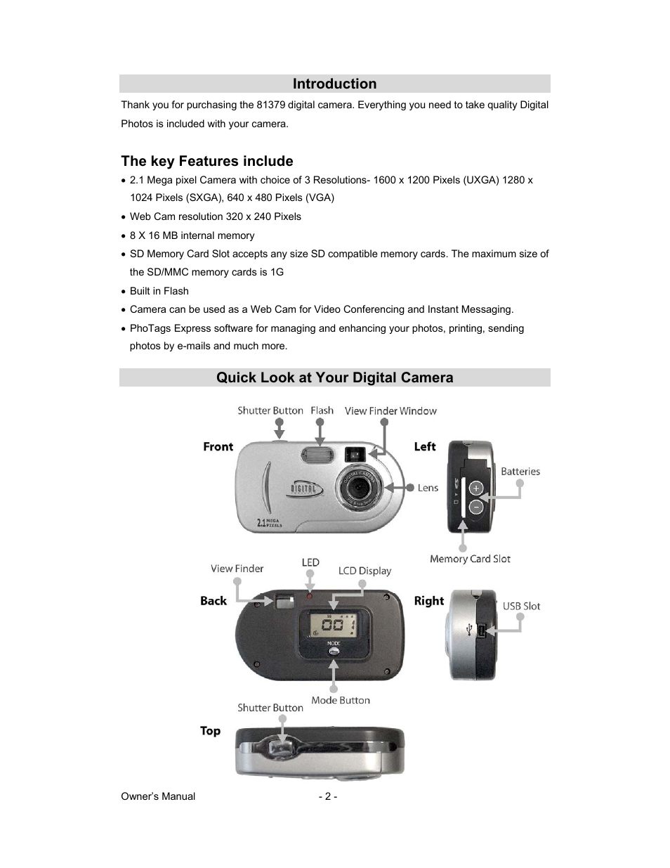 Introduction, The key features include, Quick look at your digital camera | Sakar 81379 User Manual | Page 2 / 16