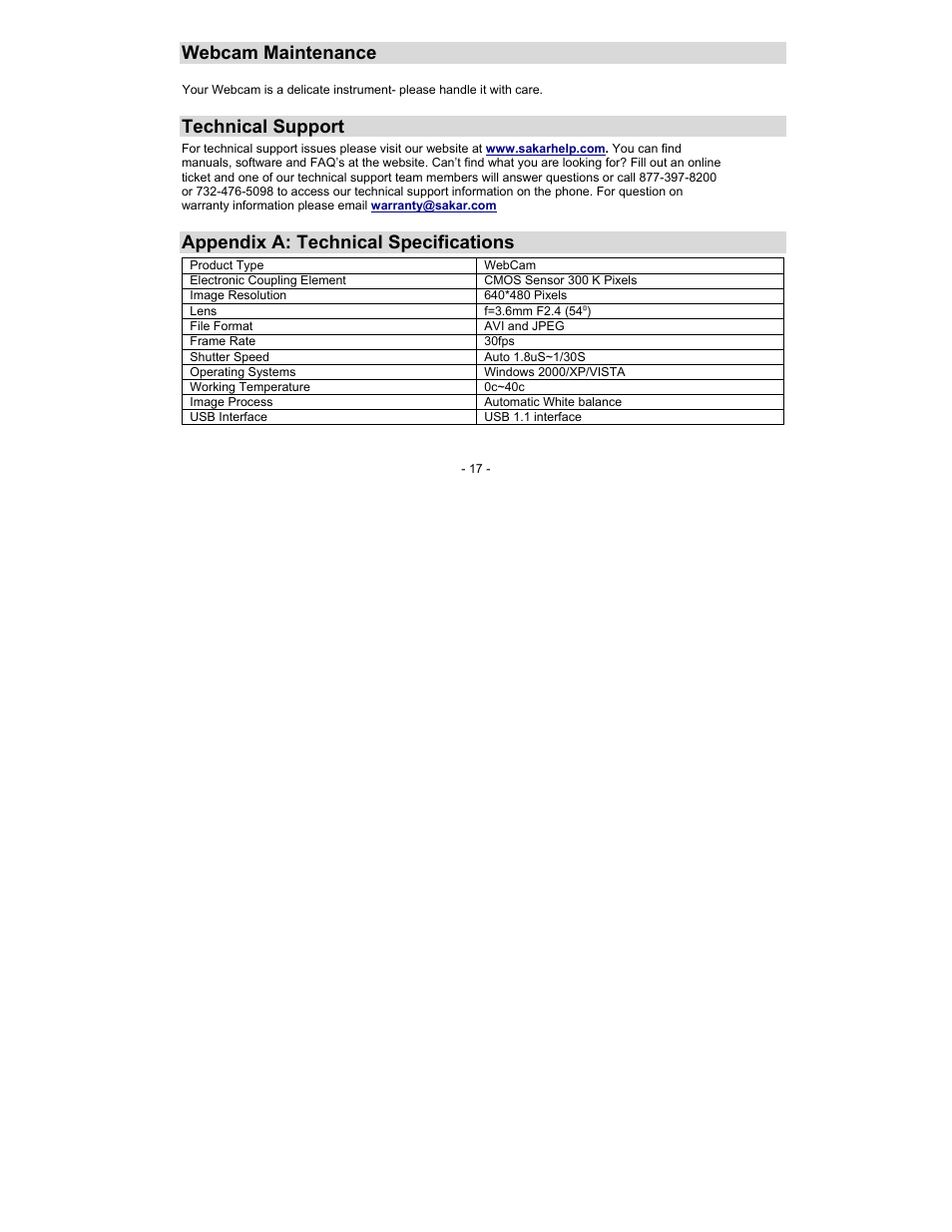 Webcam maintenance, Technical support, Appendix a: technical specifications | Sakar 49152 DM User Manual | Page 17 / 22