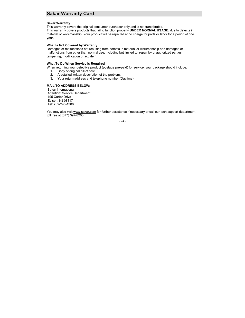 Sakar warranty card | Sakar 49152N User Manual | Page 24 / 25