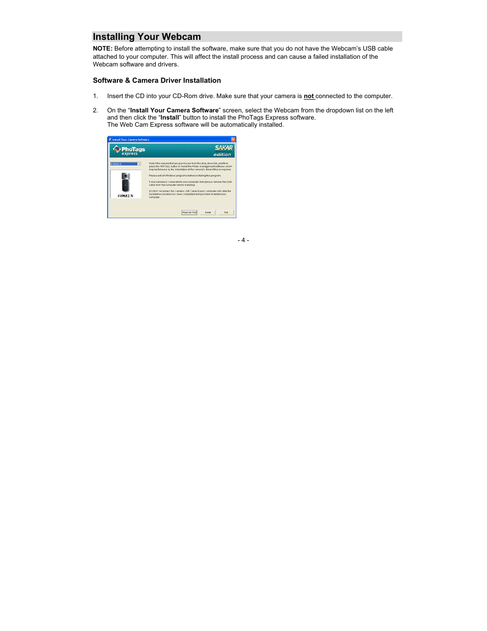 Installing your webcam | Sakar 49152N User Manual | Page 4 / 25