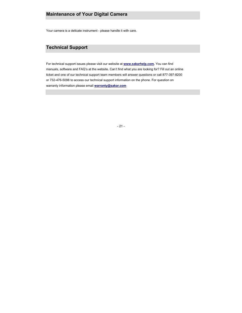 Maintenance of your digital camera, Technical support | Sakar 15097 User Manual | Page 21 / 25