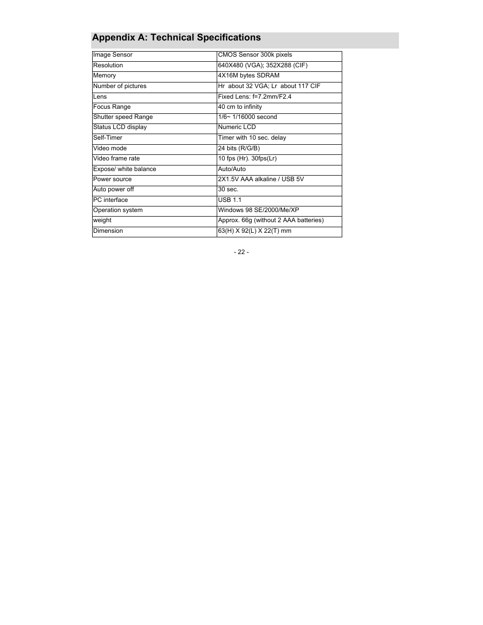 Appendix a: technical specifications | Sakar 15097 User Manual | Page 22 / 25