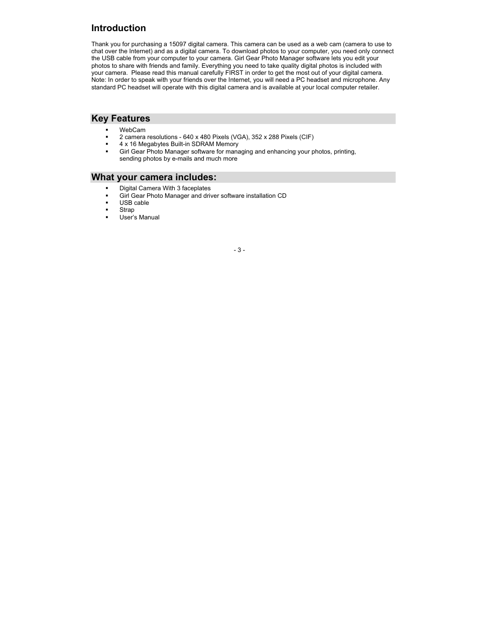 Introduction, Key features, What your camera includes | Sakar 15097 User Manual | Page 3 / 25
