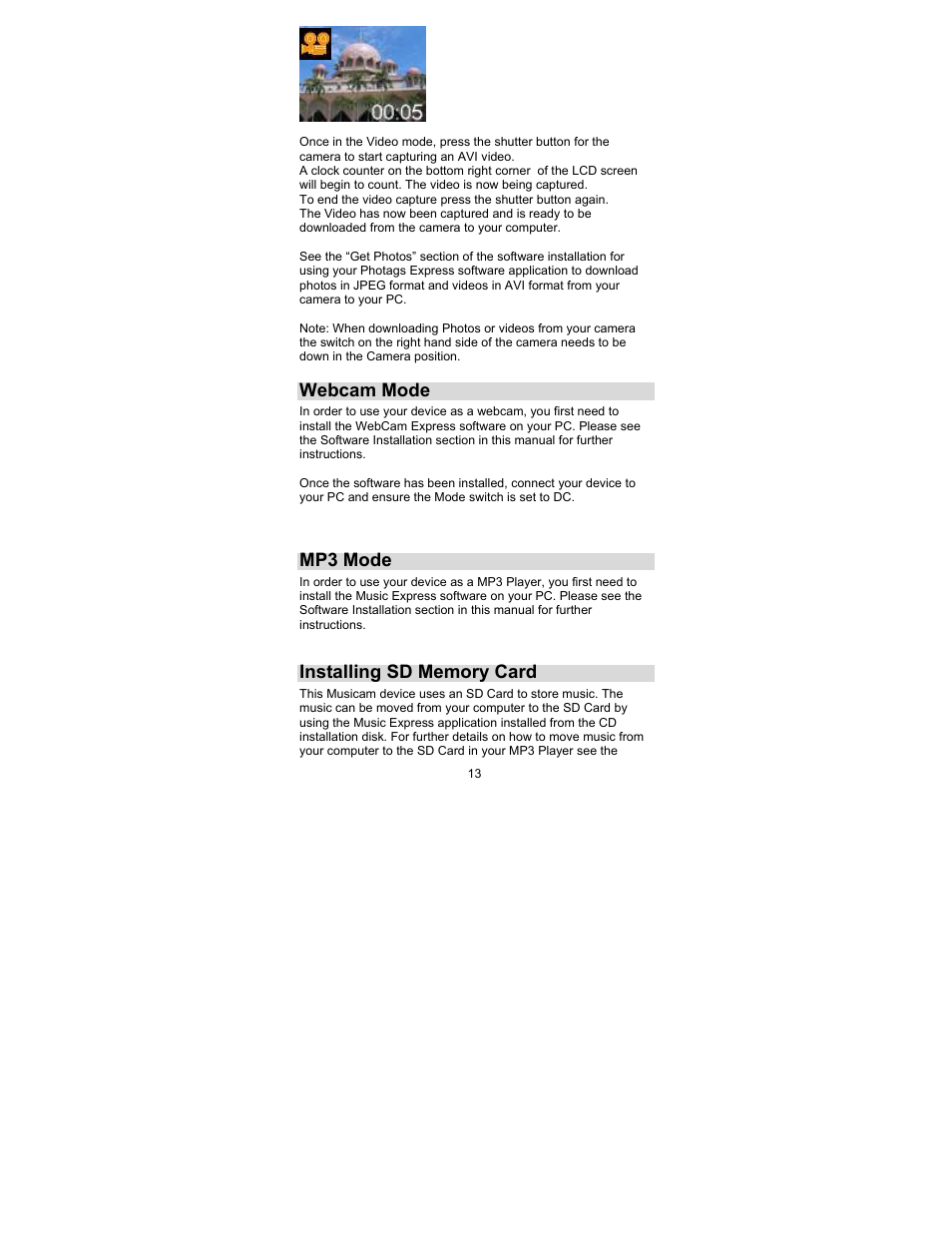 Webcam mode, Mp3 mode | Sakar 44090 User Manual | Page 13 / 46