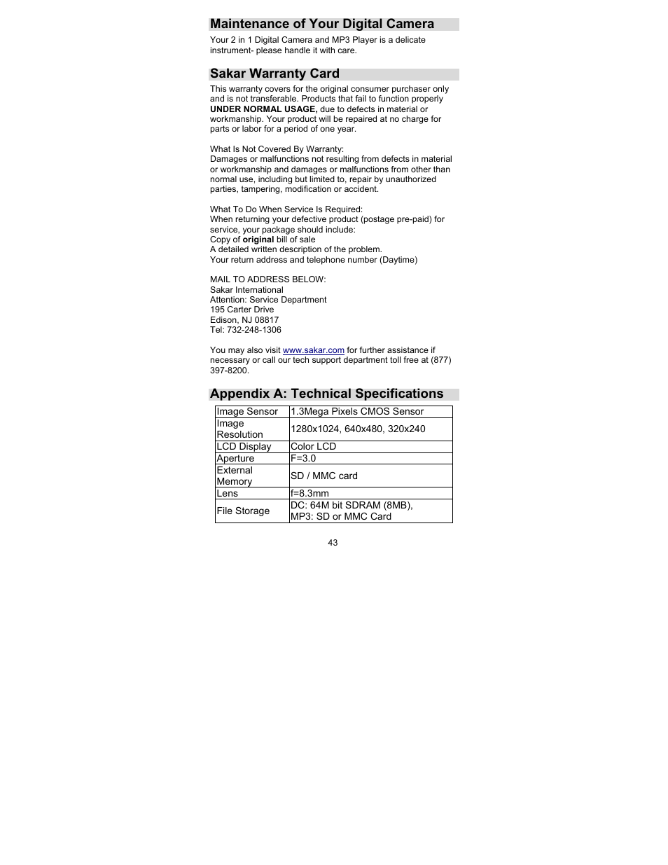 Maintenance of your digital camera, Sakar warranty card, Appendix a: technical specifications | Sakar 44090 User Manual | Page 43 / 46