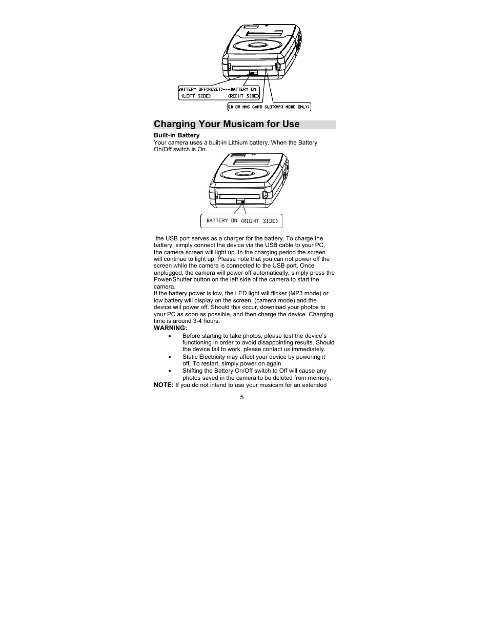 Charging your musicam for use | Sakar 44090 User Manual | Page 5 / 46