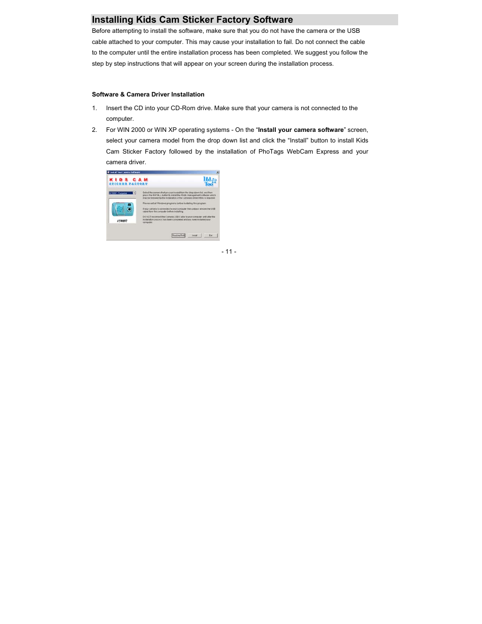 Installing kids cam sticker factory software | Sakar 59097 User Manual | Page 11 / 24