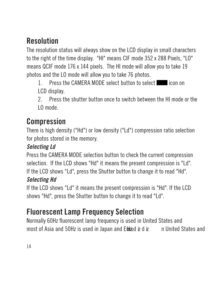 Resolution, Compression, Fluorescent lamp frequency selection | Sakar Wrist Cam Watch User Manual | Page 14 / 30