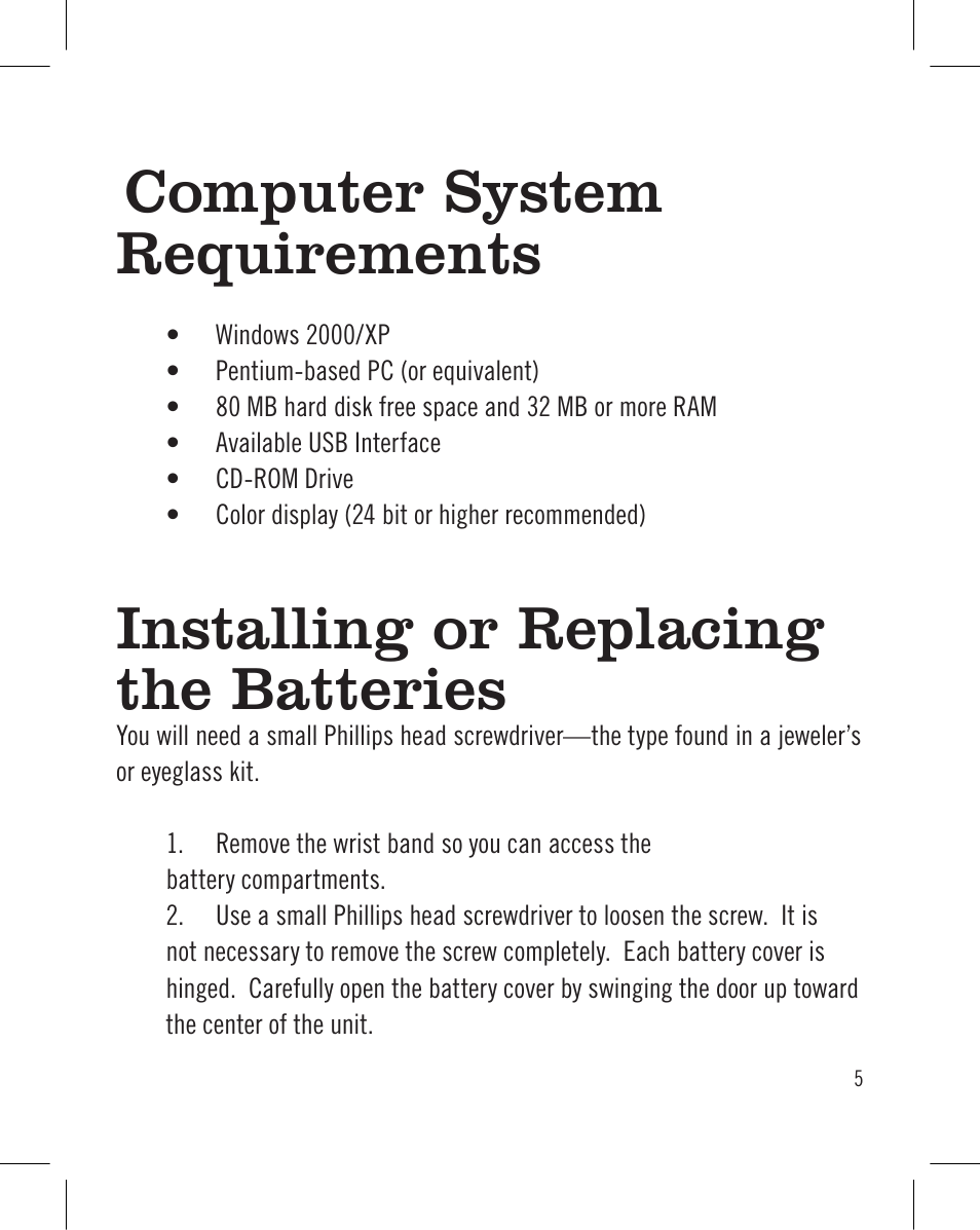 Computer system requirements, Installing or replacing the batteries | Sakar Wrist Cam Watch User Manual | Page 5 / 30