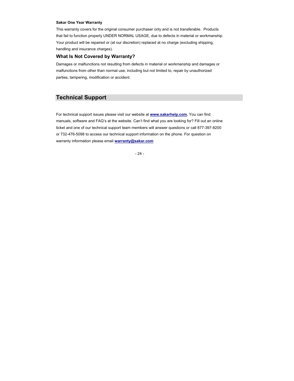 Technical support | Sakar 14097 User Manual | Page 24 / 28