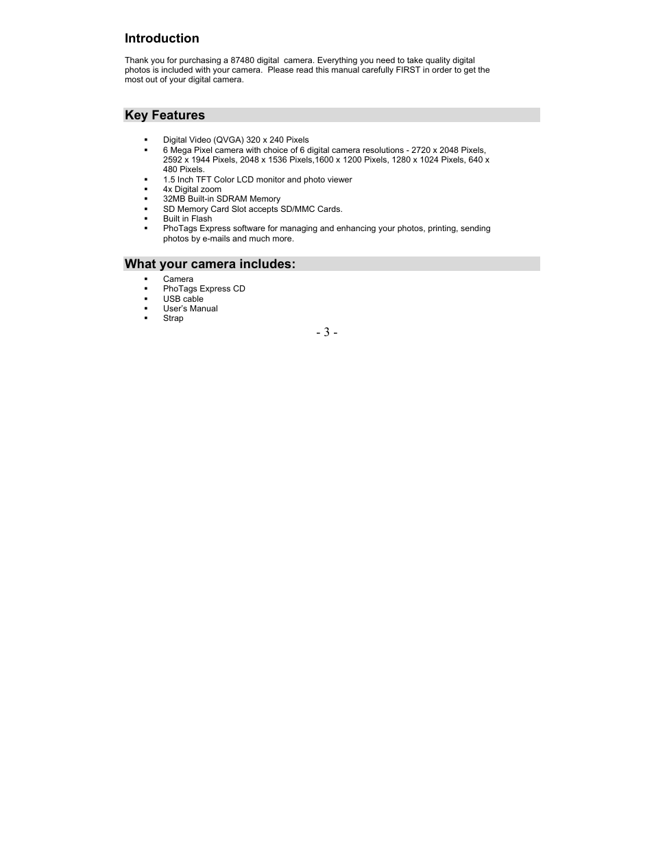 3 - introduction, Key features, What your camera includes | Sakar 87480 User Manual | Page 3 / 48