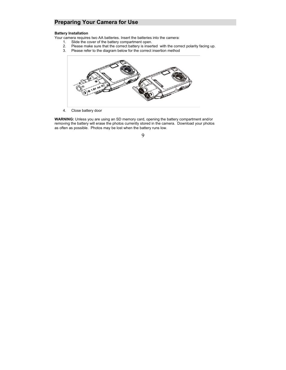 9 preparing your camera for use | Sakar 87480 User Manual | Page 9 / 48
