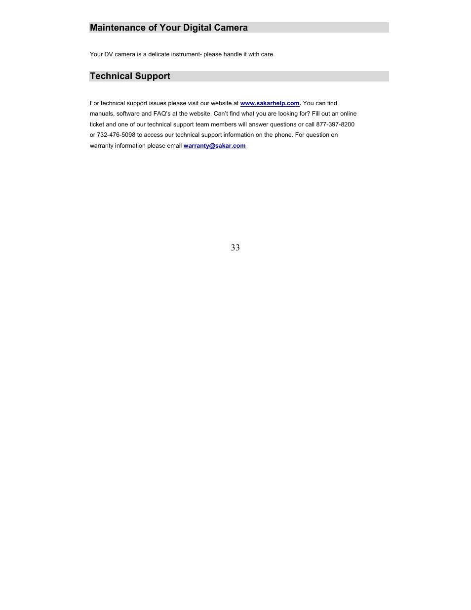 33 maintenance of your digital camera, Technical support | Sakar 57379 User Manual | Page 33 / 35