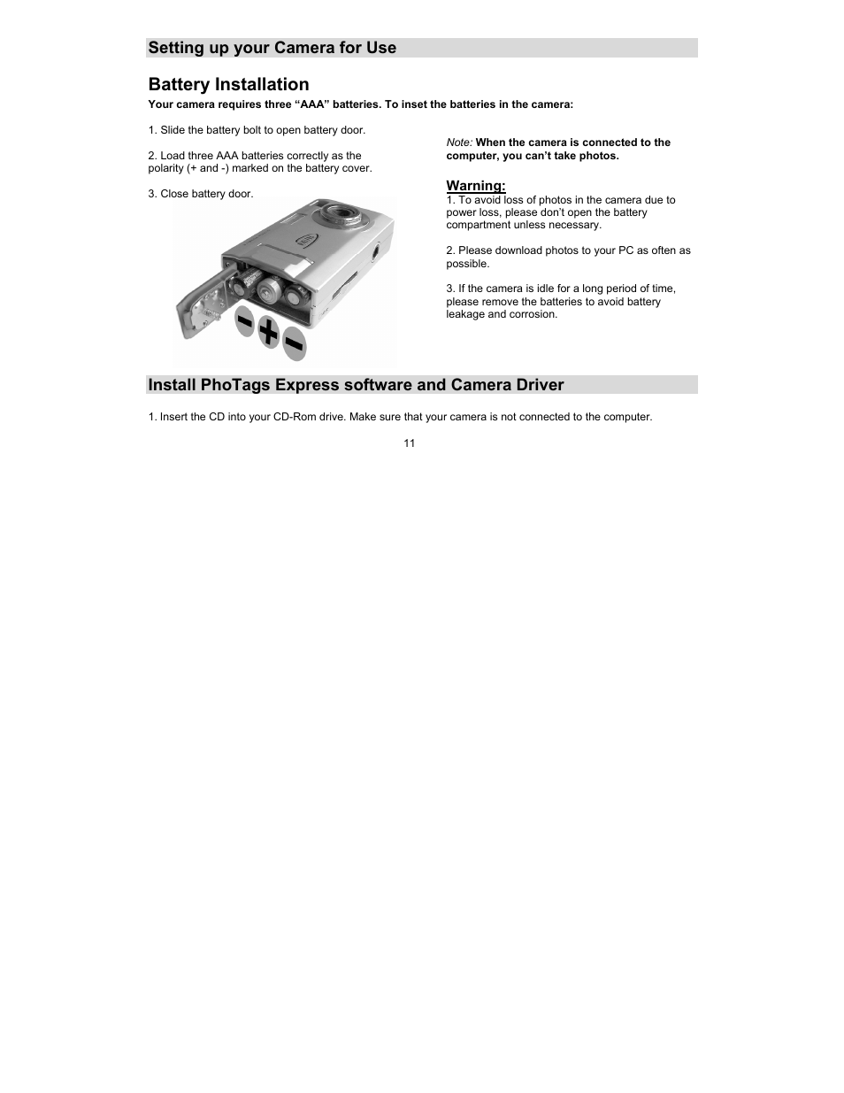 Battery installation | Sakar 89379 User Manual | Page 11 / 43