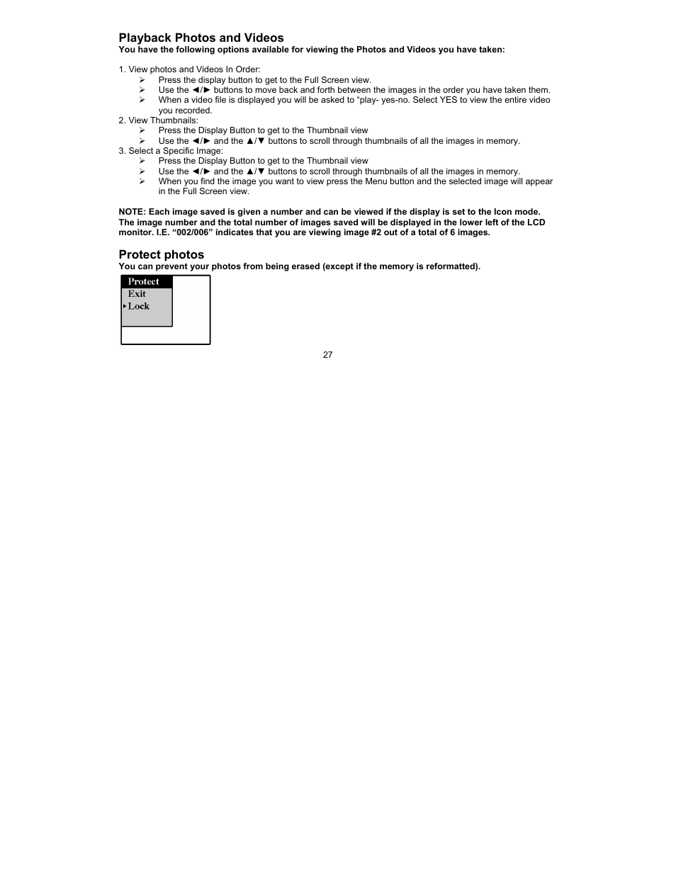 Playback photos and videos, Protect photos | Sakar 89379 User Manual | Page 27 / 43