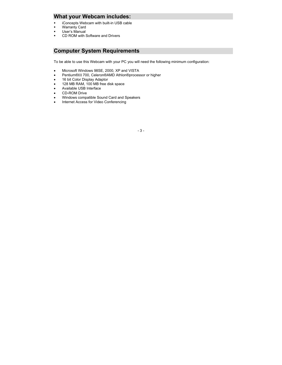What your webcam includes, Computer system requirements | Sakar 49252N User Manual | Page 3 / 25