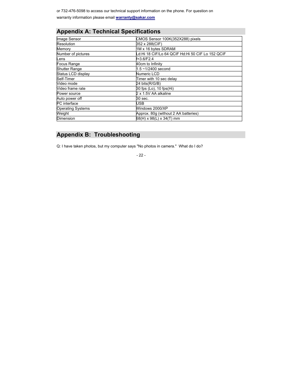 Appendix a: technical specifications, Appendix b: troubleshooting | Sakar 88379 User Manual | Page 22 / 24
