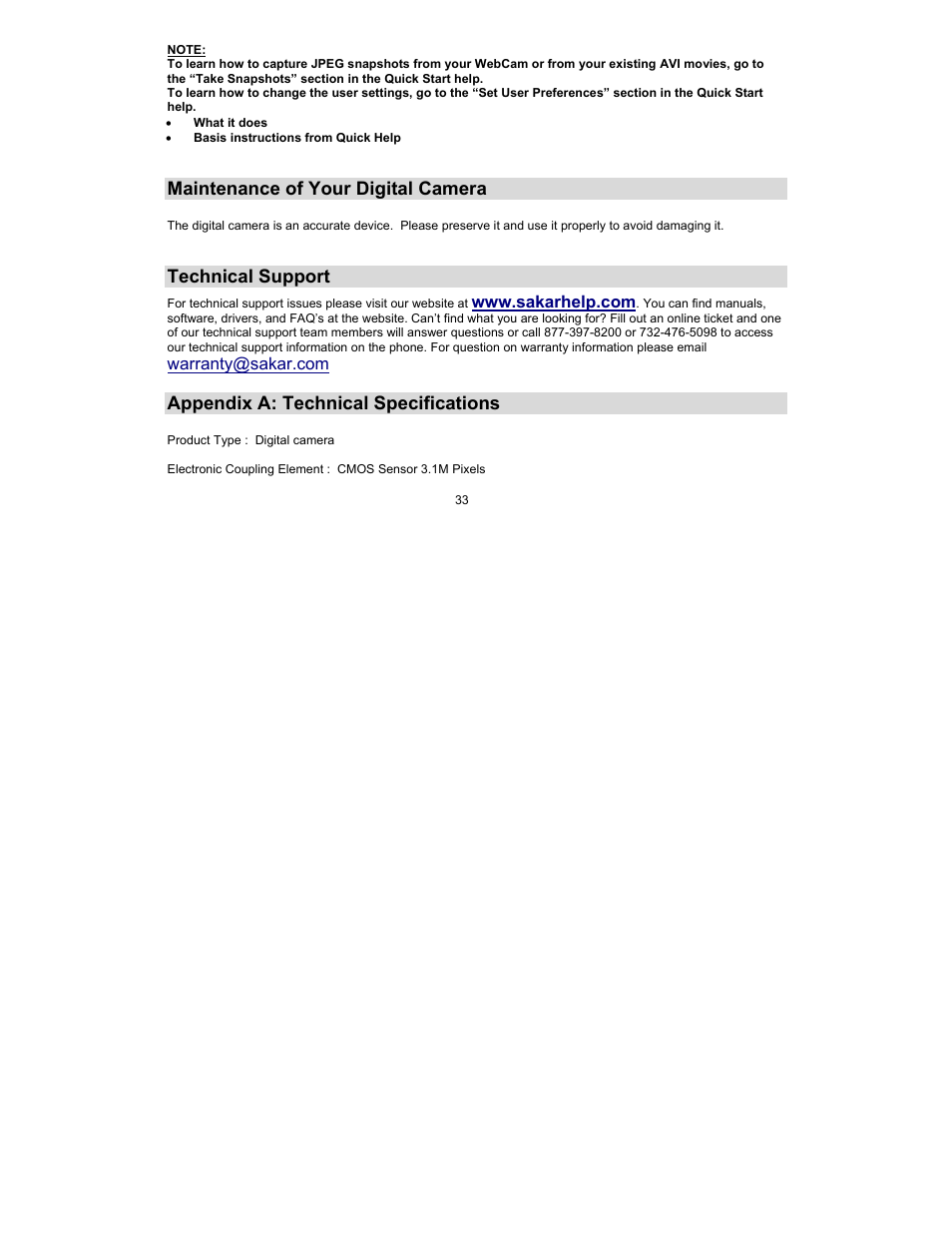 Maintenance of your digital camera, Technical support, Appendix a: technical specifications | Sakar 90379 User Manual | Page 33 / 35