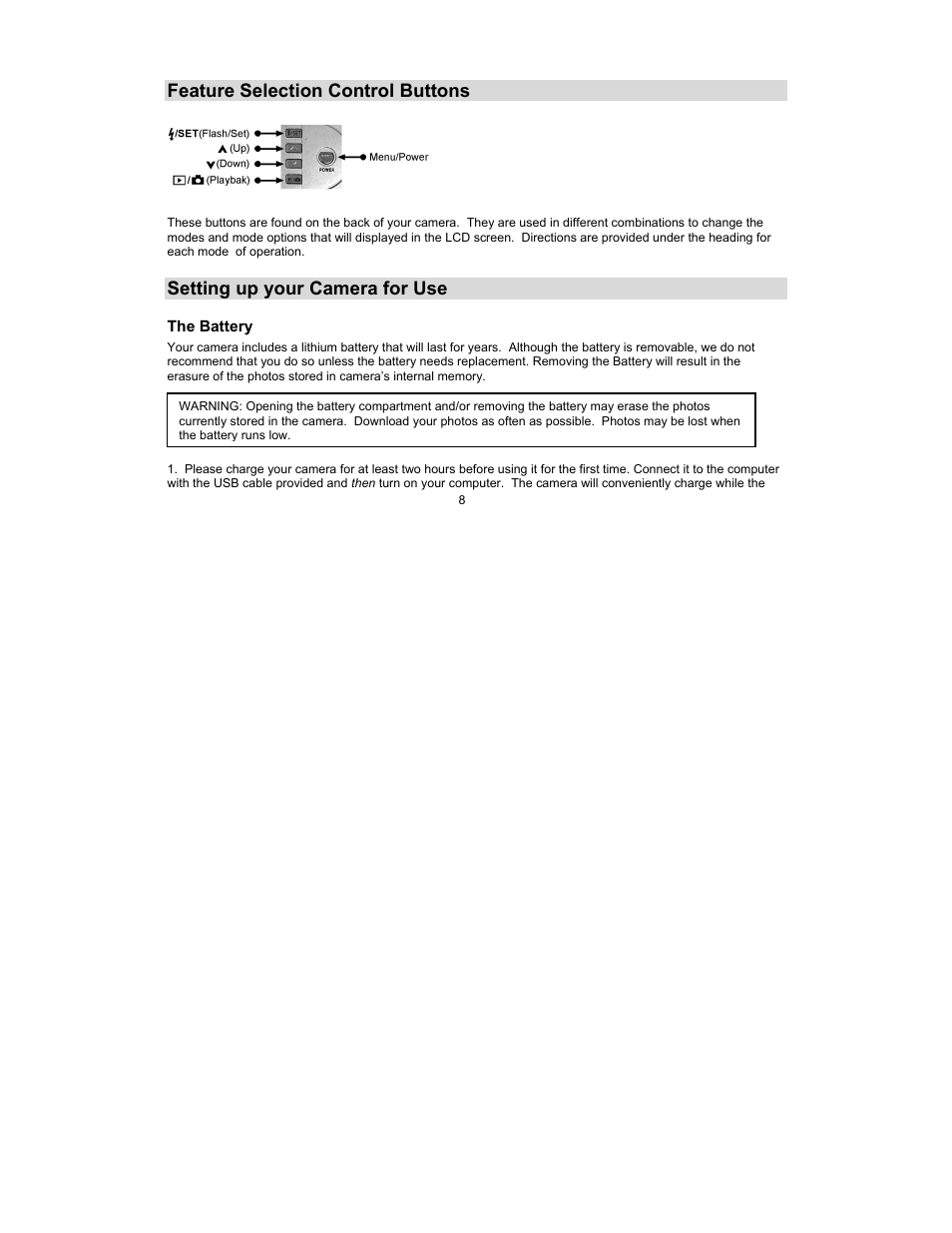 Feature selection control buttons, Setting up your camera for use | Sakar 90379 User Manual | Page 8 / 35