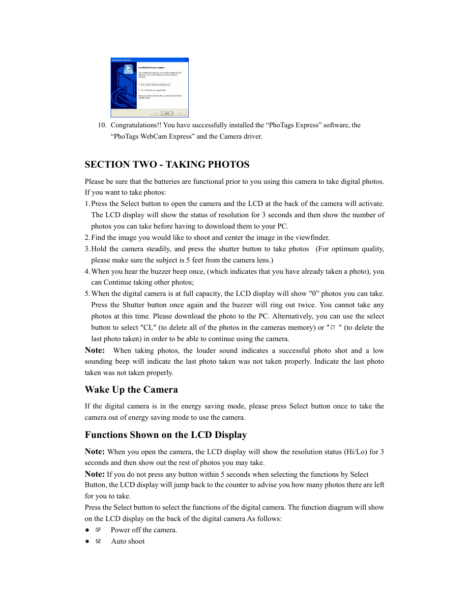 Wake up the camera, Functions shown on the lcd display | Sakar 84379 User Manual | Page 4 / 11
