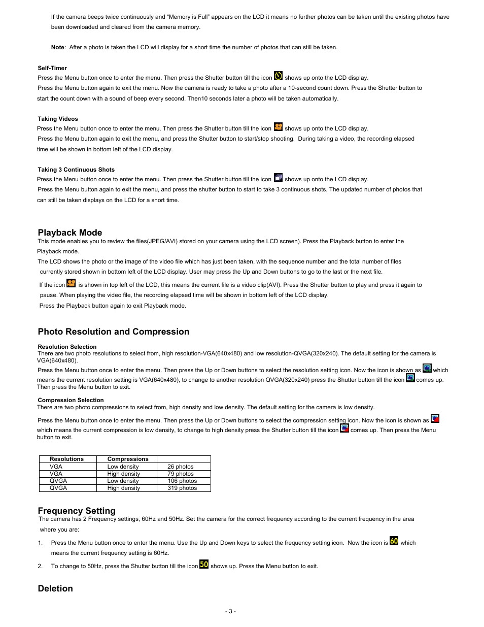 Playback mode, Photo resolution and compression, Frequency setting | Deletion | Sakar 27290 User Manual | Page 3 / 9