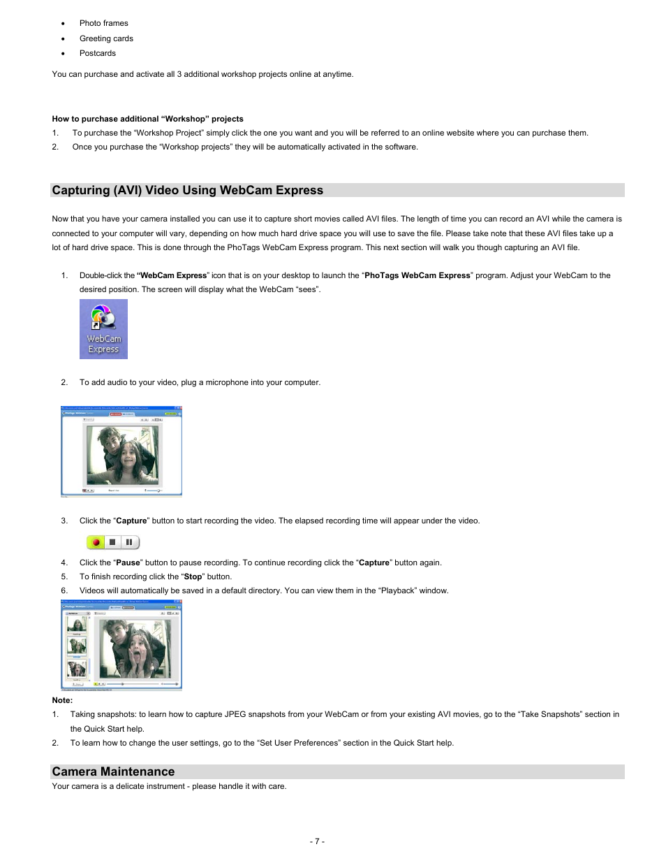 Capturing (avi) video using webcam express, Camera maintenance | Sakar 27290 User Manual | Page 7 / 9