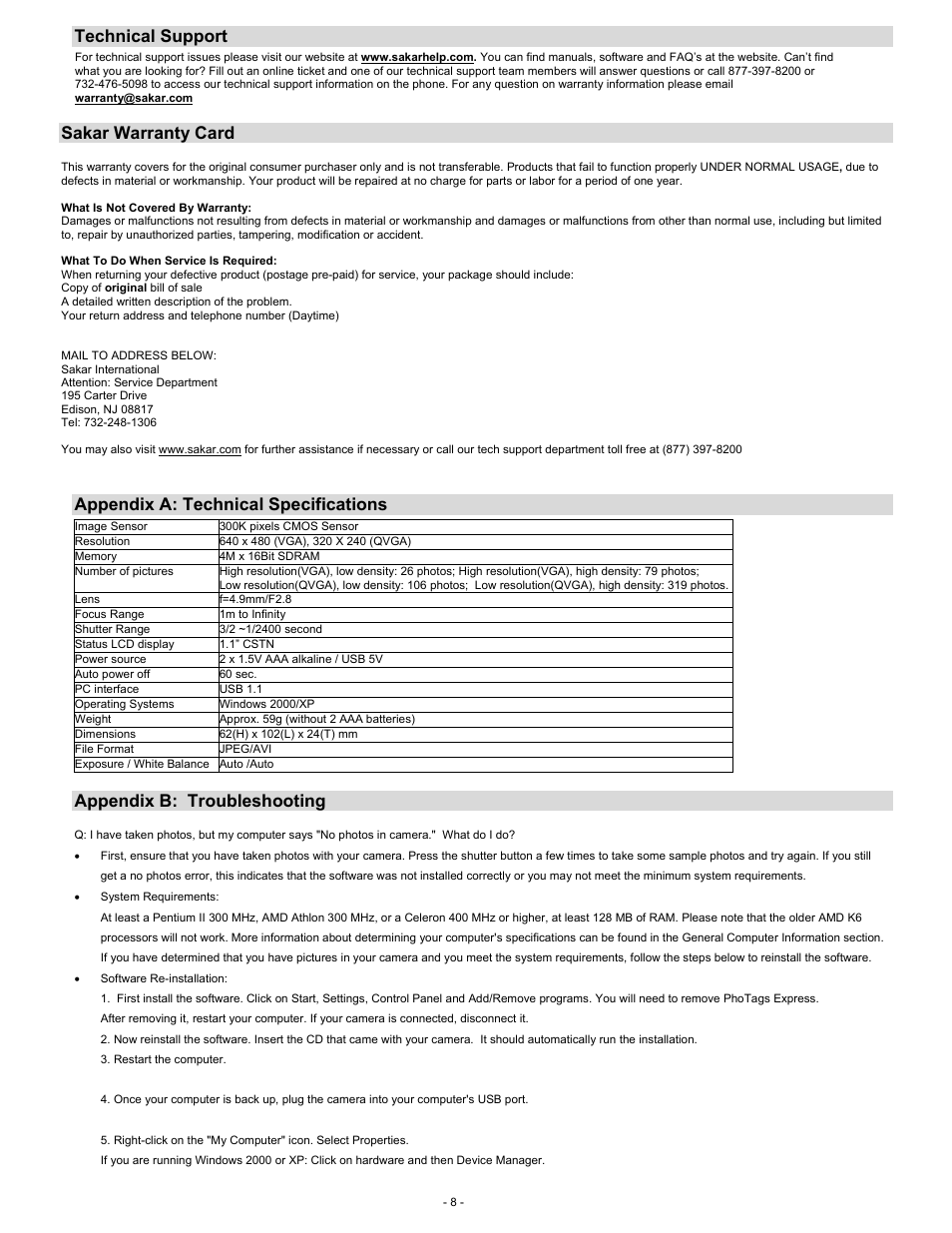 Technical support, Sakar warranty card, Appendix a: technical specifications | Appendix b: troubleshooting | Sakar 27290 User Manual | Page 8 / 9