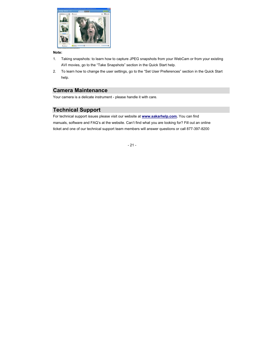 Camera maintenance, Technical support | Sakar 59379 User Manual | Page 21 / 24