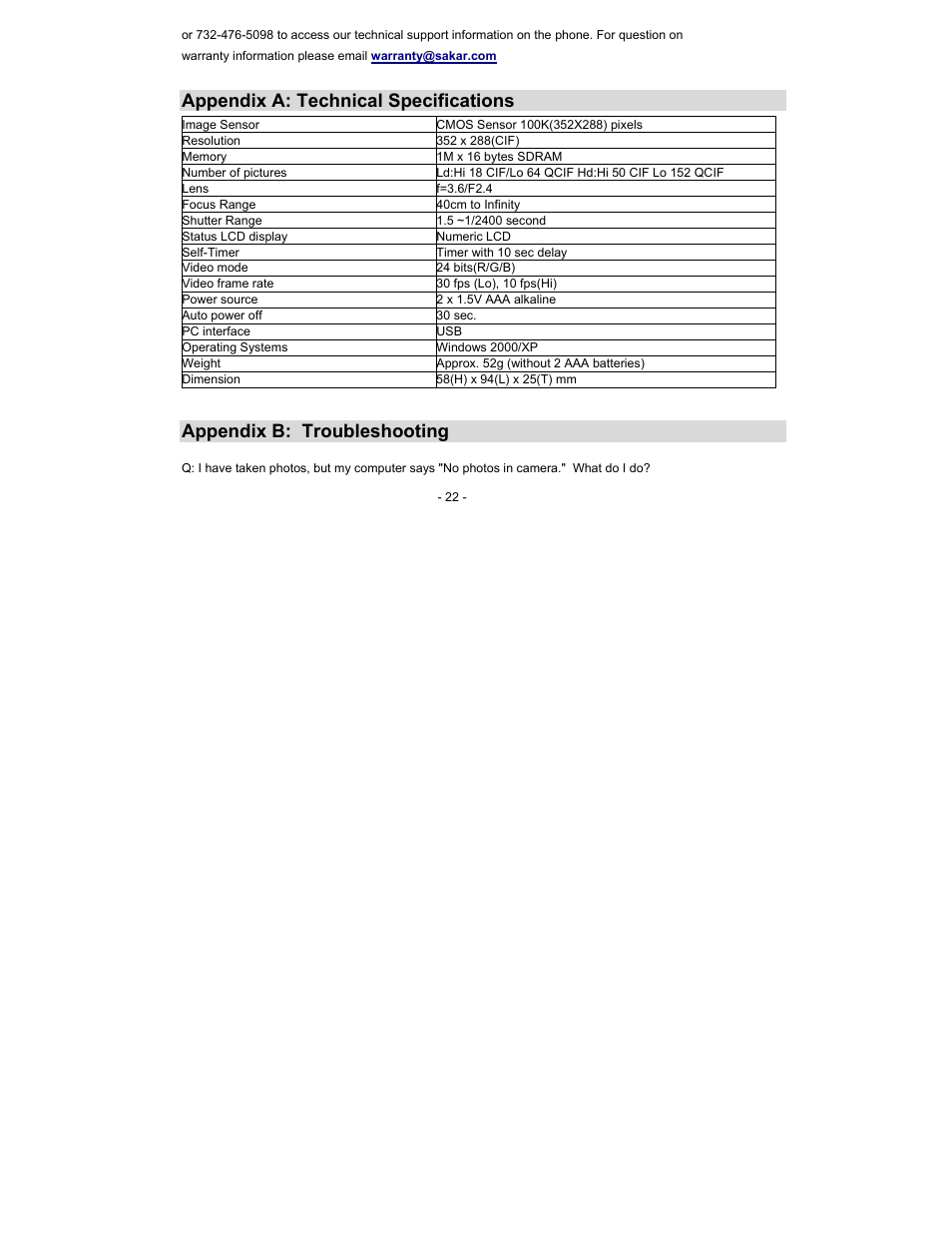 Appendix a: technical specifications, Appendix b: troubleshooting | Sakar 59379 User Manual | Page 22 / 24